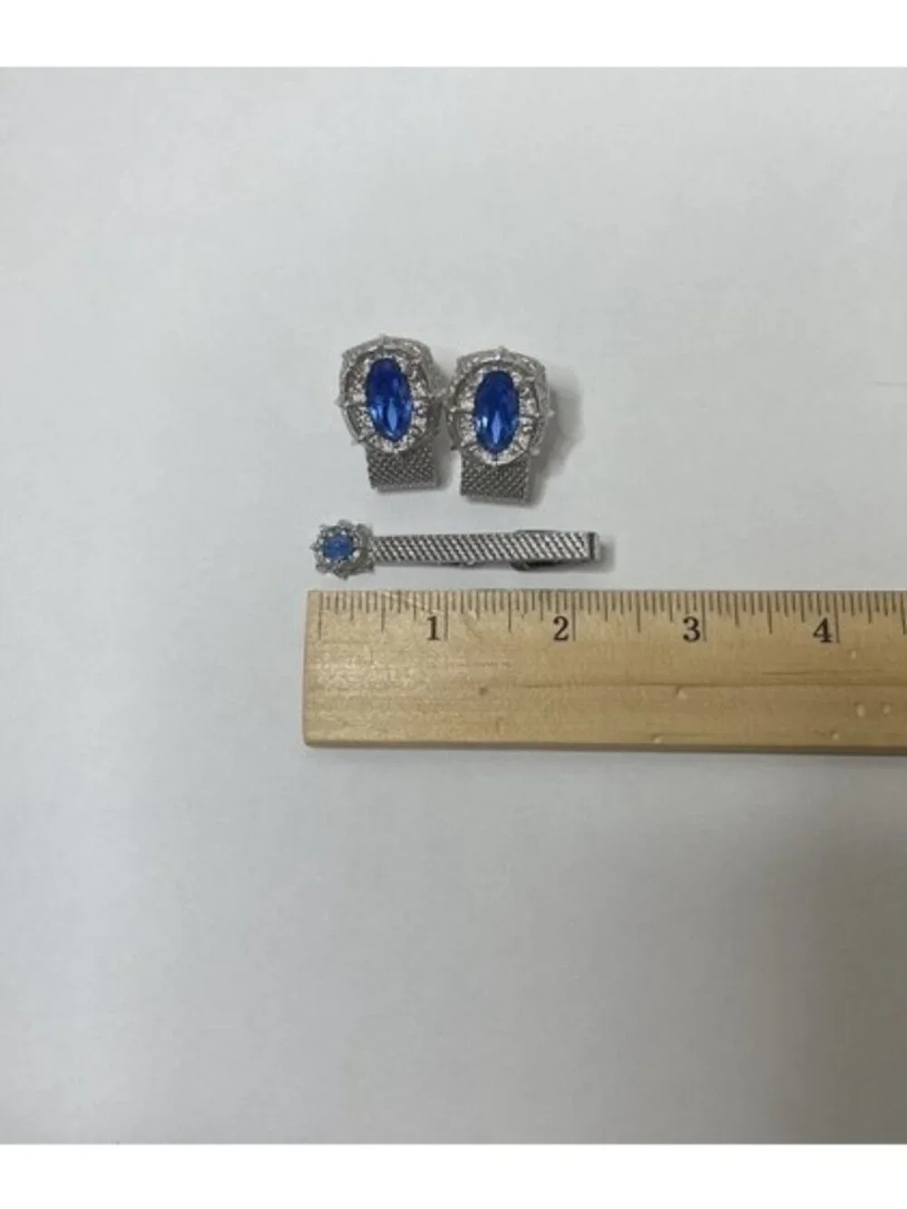 Vintage Mesh Cufflinks/Tie Clip Set Blue Rhinestone Silver Tone Retro MCM Dapper